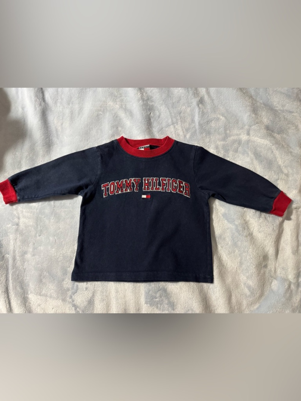 Vintage Tommy Hilfiger Navy Long Sleeve Crew with Red Trim and Logo